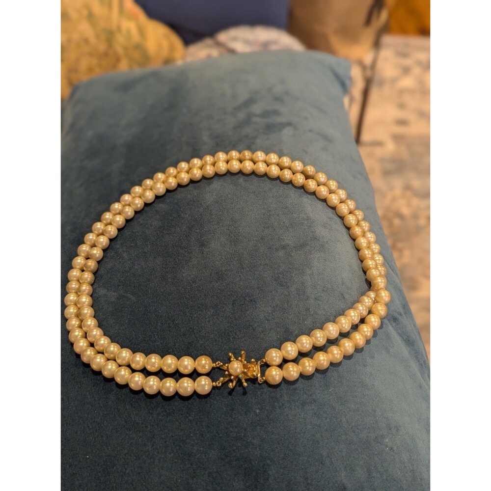Vintage Marvella Two Strands Faux Pearl Necklace with Decorative Statement Clasp